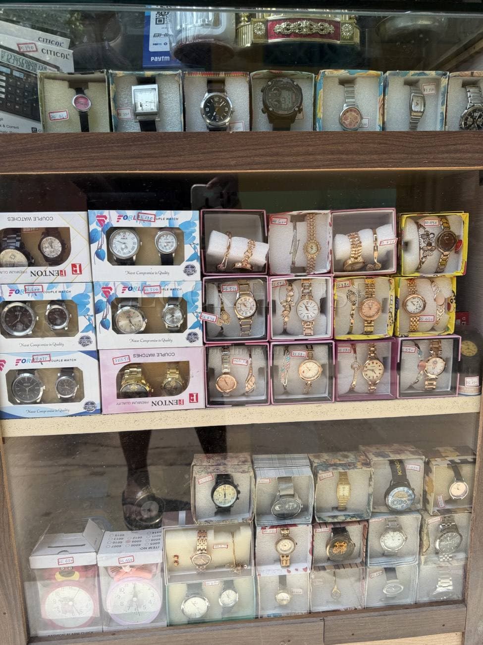 Boxed ladies' watches in the display case at Clock House